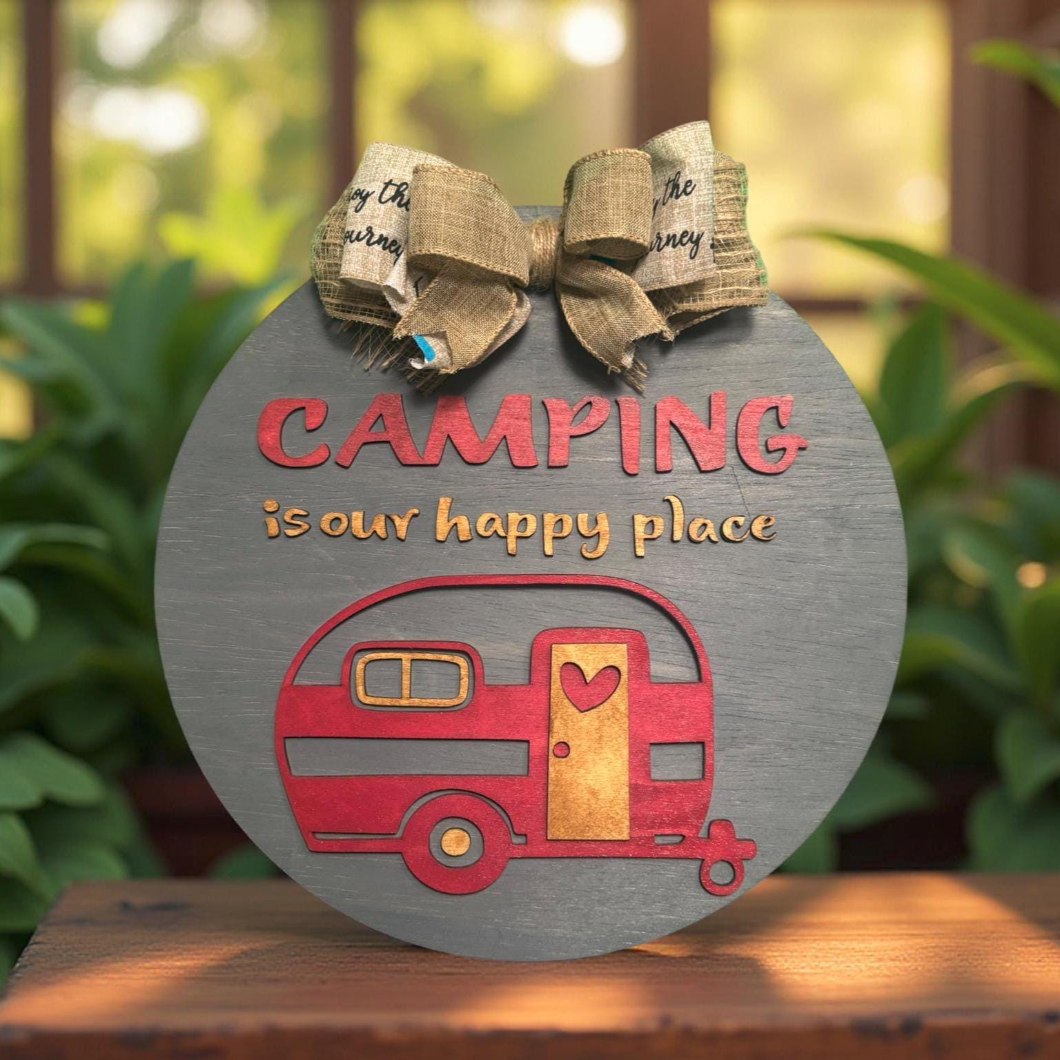 Camping Is Our Happy Place Sign: Rustic Wooden Camper Decor - Thumbnail 2