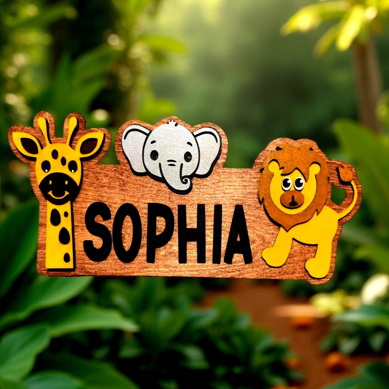 Safari Jungle Animal Name Sign – Personalized Kids Wall Decor – Giraffe, Elephan