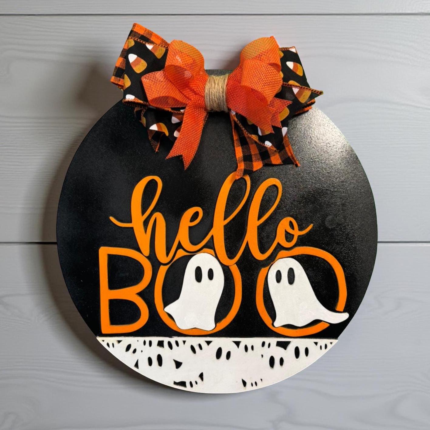 Ghost Halloween Sign: Layered Wood Door Hanger with Bow