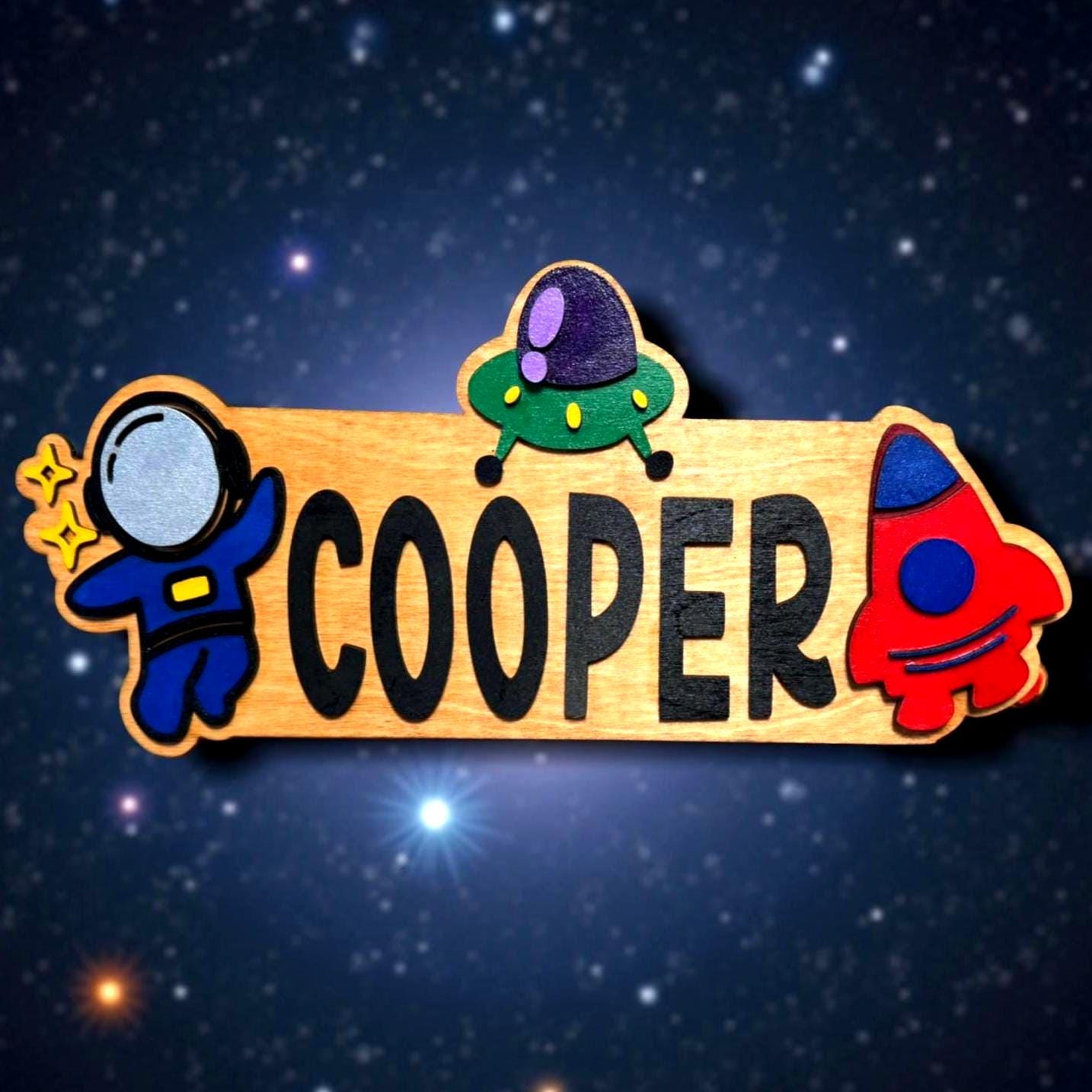 Space Themed Name Sign – Personalized Astronaut & Rocket Wall Decor – Custom Kid