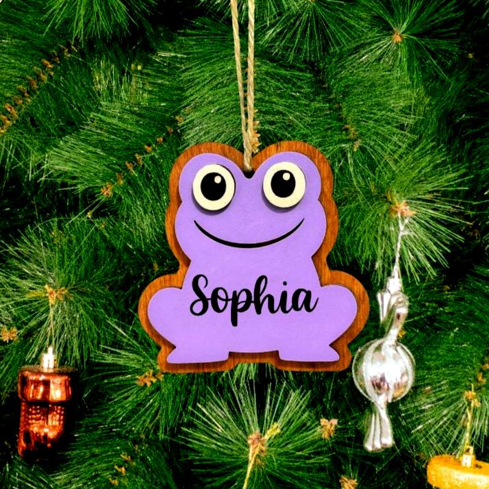 Personalized Frog Ornament | 4" Layered Wood Ornament | Custom Name | Handcrafted Frog Decor | Blue, Purple, or Green Gift for Kids