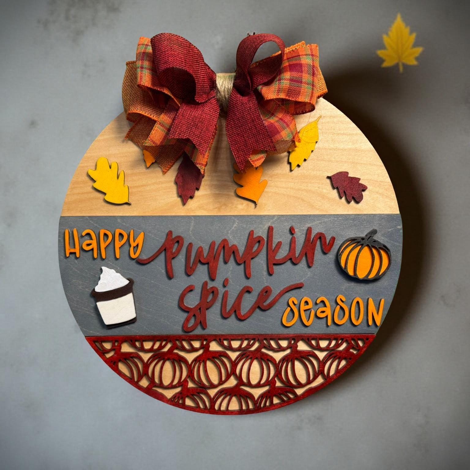Pumpkin Spice Season Wood Sign: Fall Farmhouse Door Hanger with Plaid Bow - Thumbnail 6
