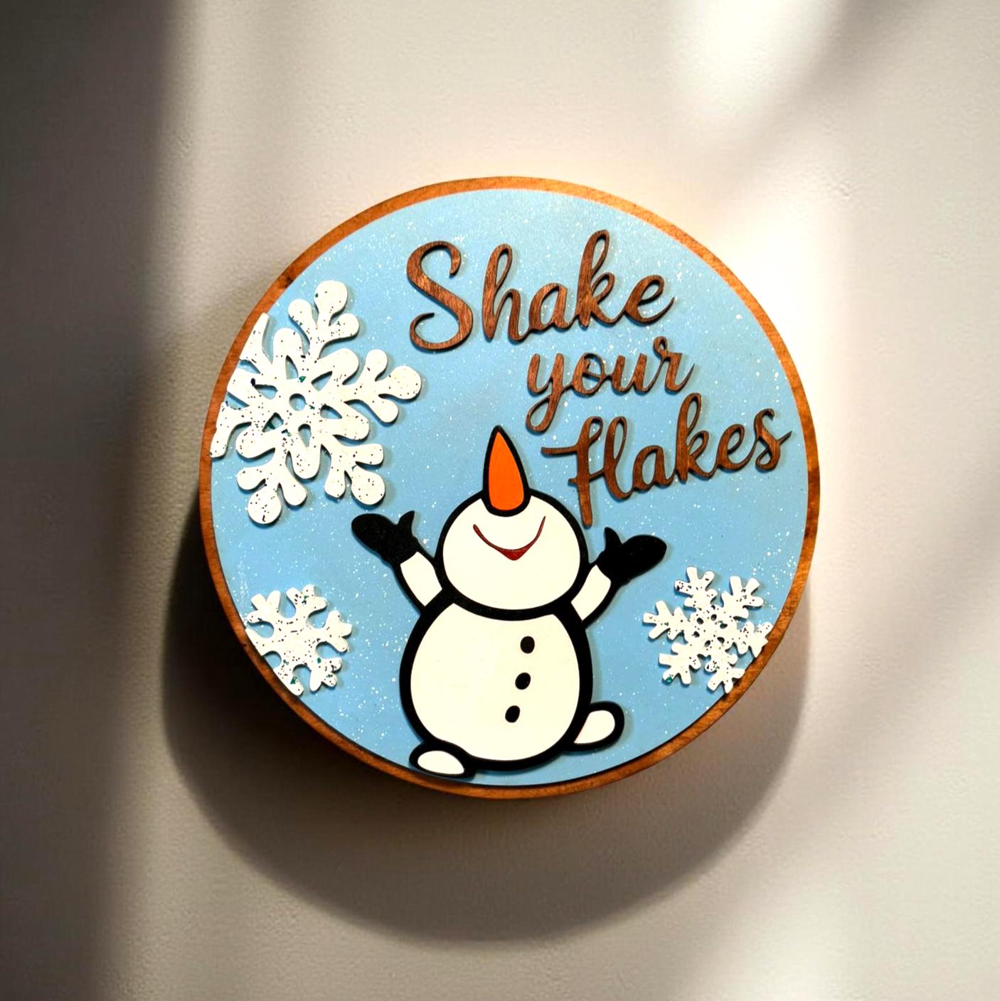 Shake Your Flakes Winter Sign – 14” Round Wooden Snowman Decor – Layered Snowflake Cutouts – Funny Holiday Door Hanger or Gift - Thumbnail 7