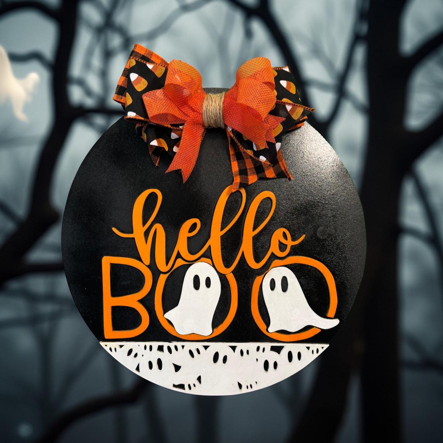 Ghost Halloween Sign: Layered Wood Door Hanger with Bow - Thumbnail 7