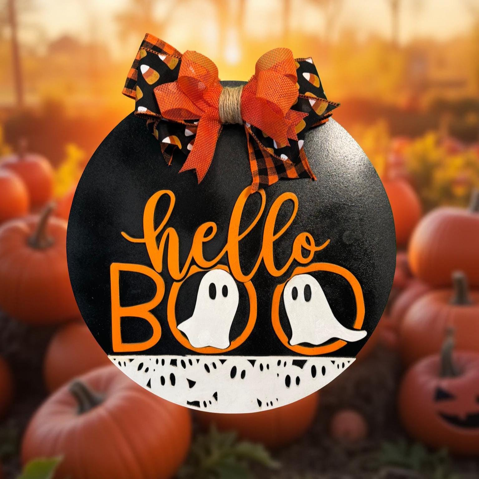 Ghost Halloween Sign: Layered Wood Door Hanger with Bow - Thumbnail 4