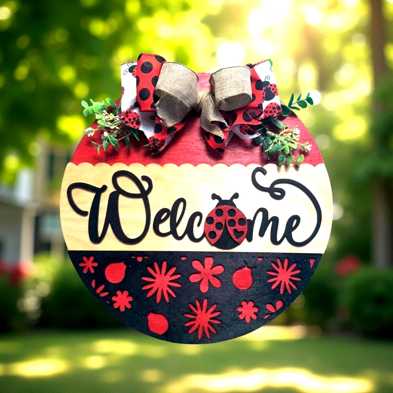 Ladybug Welcome Door Sign – 14" Round Wooden Porch Decor – Spring & Summer Front Door Hanger – Handmade Ladybug Outdoor Sign - Image 1