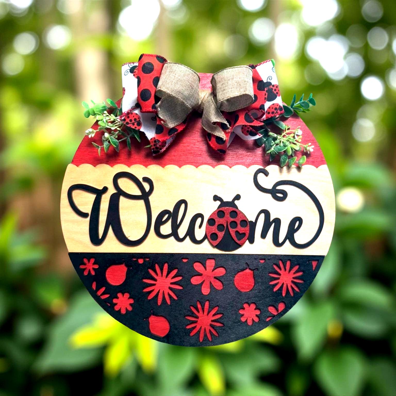 Ladybug Welcome Door Sign – 14" Round Wooden Porch Decor – Spring & Summer Front Door Hanger – Handmade Ladybug Outdoor Sign - Thumbnail 5