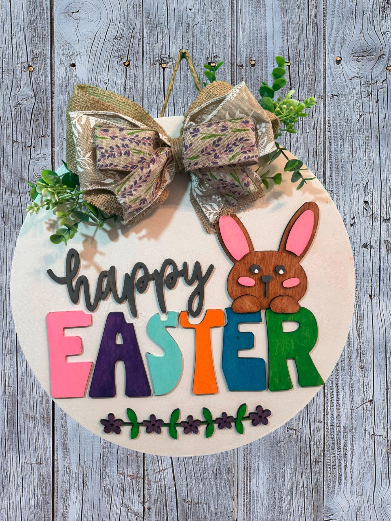 Handmade Easter Bunny Door Hanger: 14in Layered Wooden Farmhouse Sign - Thumbnail 6