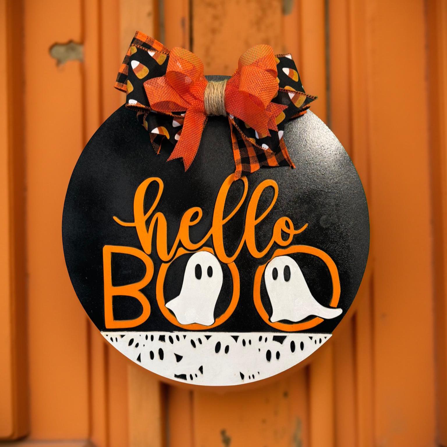 Ghost Halloween Sign: Layered Wood Door Hanger with Bow - Thumbnail 6