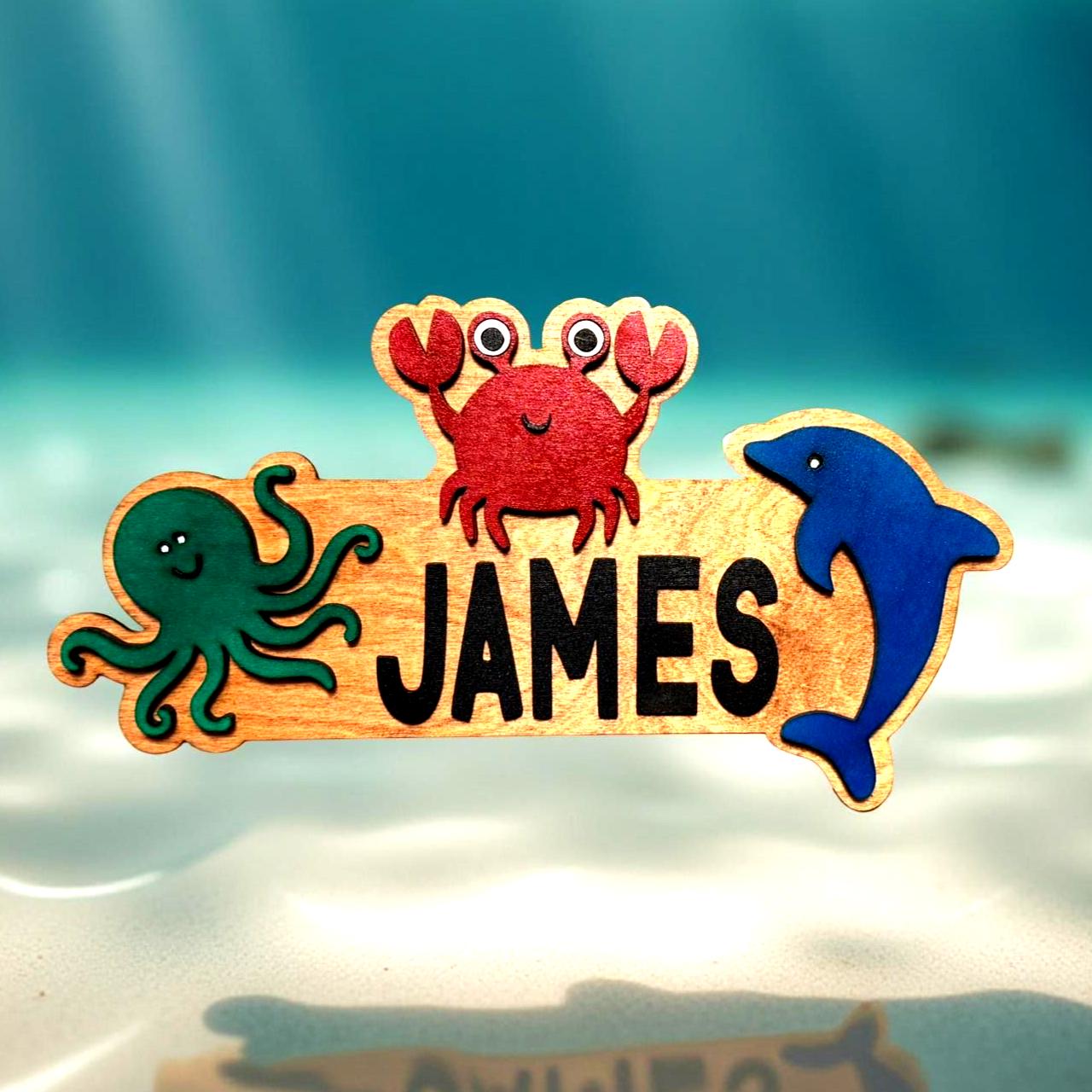 Ocean Animal Name Sign – Personalized Kids Wall Decor – Octopus, Crab & Dolphin  - Thumbnail 5