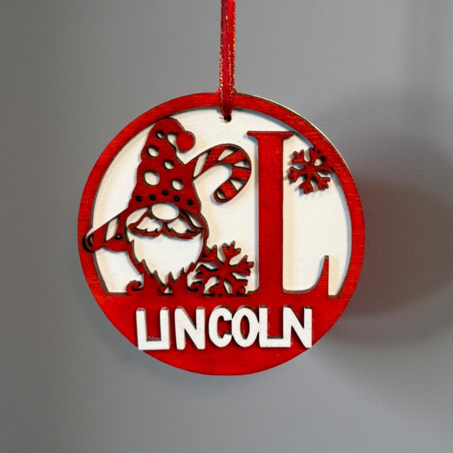 Personalized Christmas Gnome Ornament: Custom Letter, Name, Year, Layered Wood - Thumbnail 4