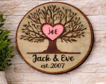 Gepersonaliseerde houten bord levensboom | Verjaardags-, romantisch- of liefdescadeau met initialen