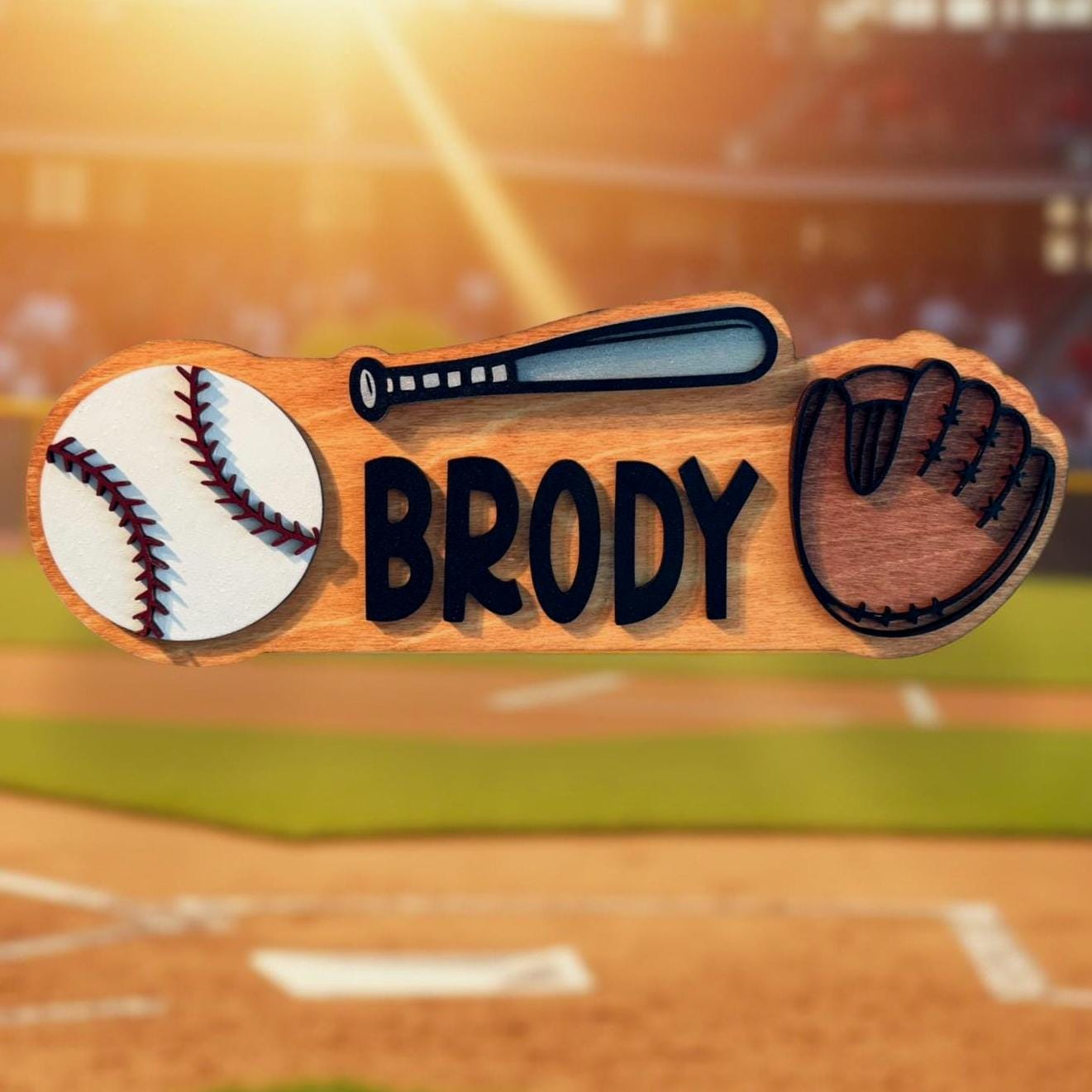 Personalized Baseball Name Sign – Custom Bat, Ball & Glove Cutouts –Layered Wood - Thumbnail 7