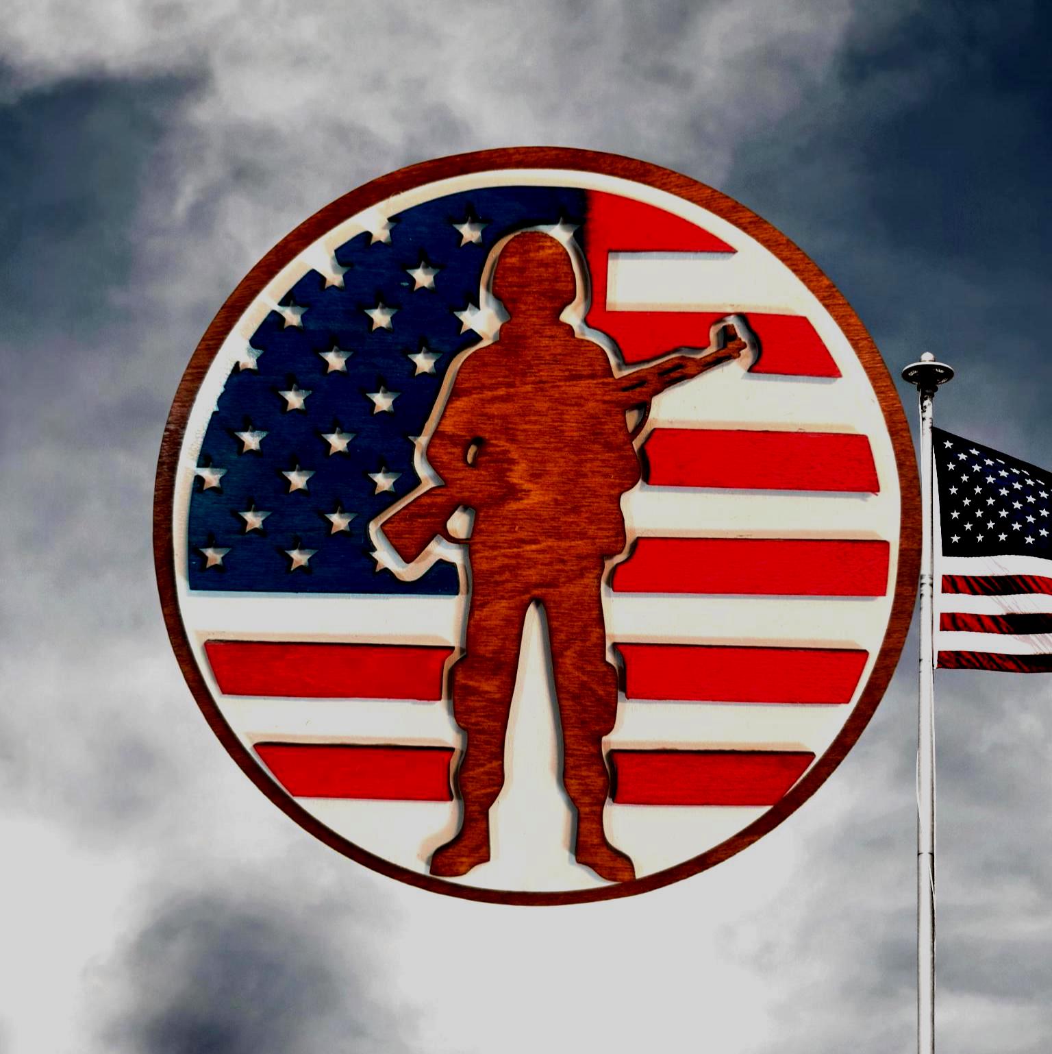 Patriotic Soldier Wooden Sign – 12" Round American Flag Wall Art – Handmade - Thumbnail 7