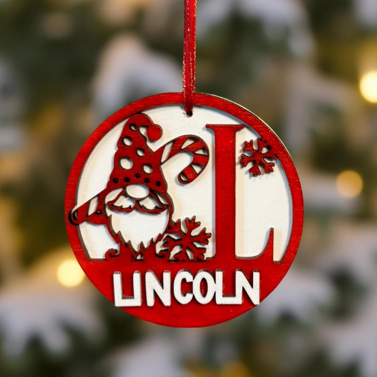 Personalized Christmas Gnome Ornament: Custom Letter, Name, Year, Layered Wood