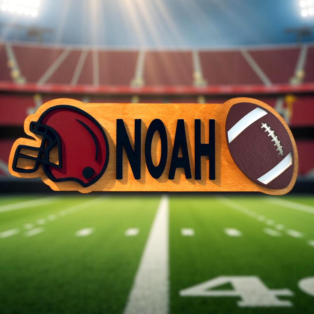 Personalized Football Name Sign – Custom Helmet & Ball Cutouts – Layered Wood  - Thumbnail 5