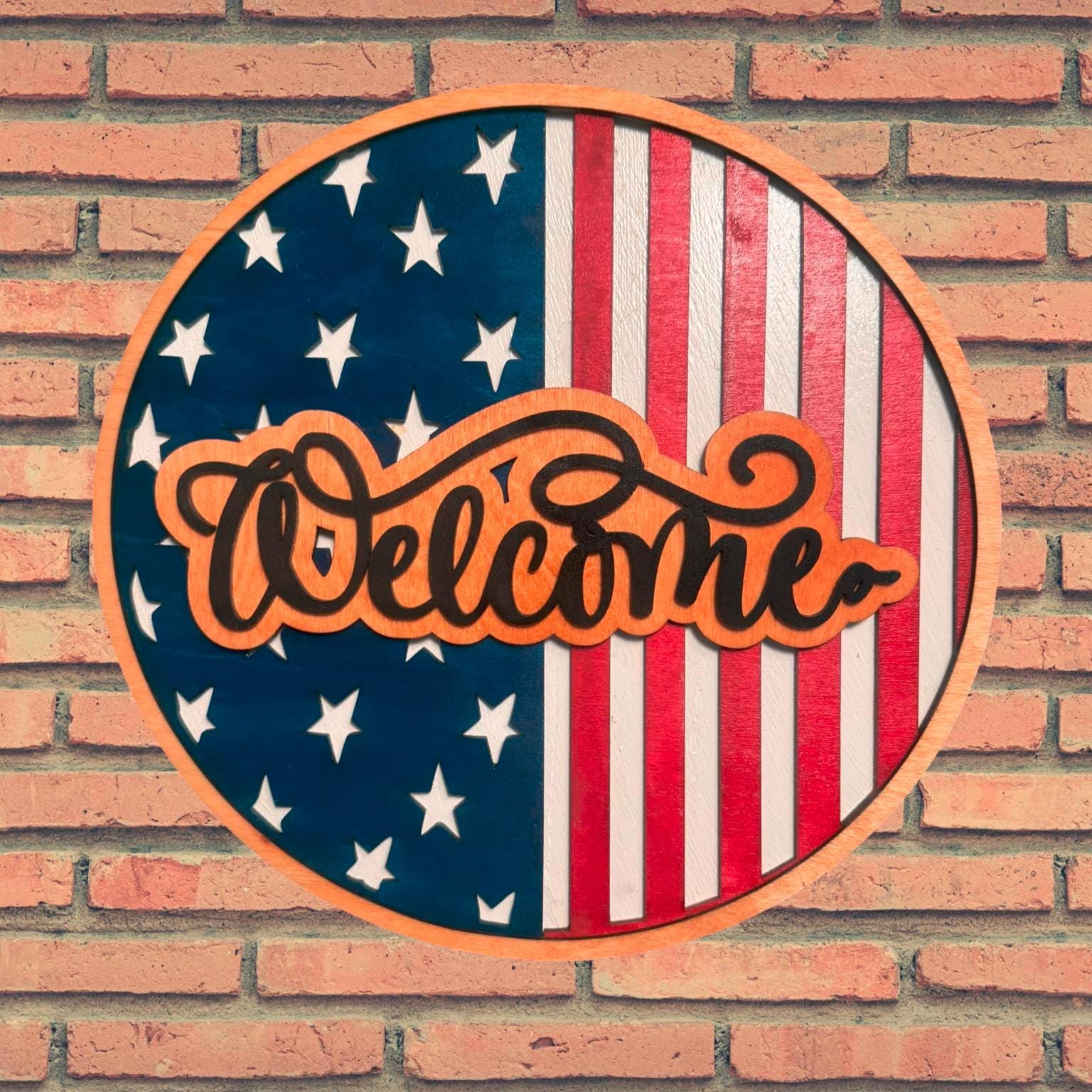 Layered Wooden USA Flag Welcome Sign: Patriotic Door Decor - Thumbnail 3