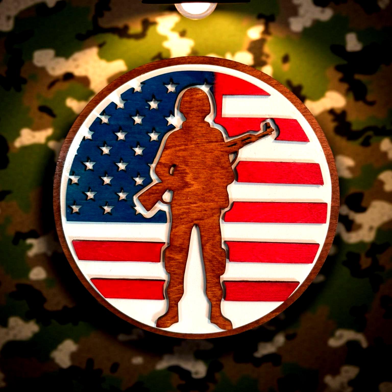 Patriotic Soldier Wooden Sign – 12" Round American Flag Wall Art – Handmade - Thumbnail 6