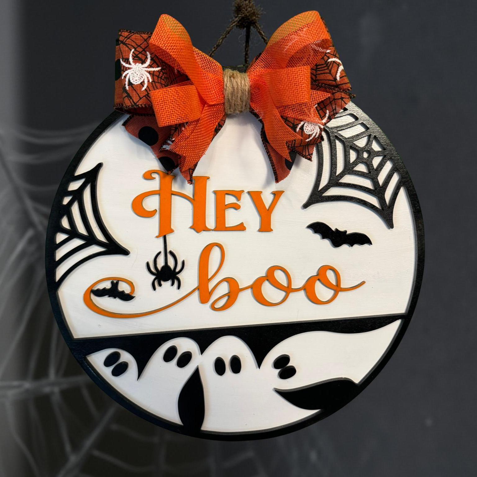 Hey Boo Halloween Door Sign: Layered Ghost & Spider Web Decor - Thumbnail 7