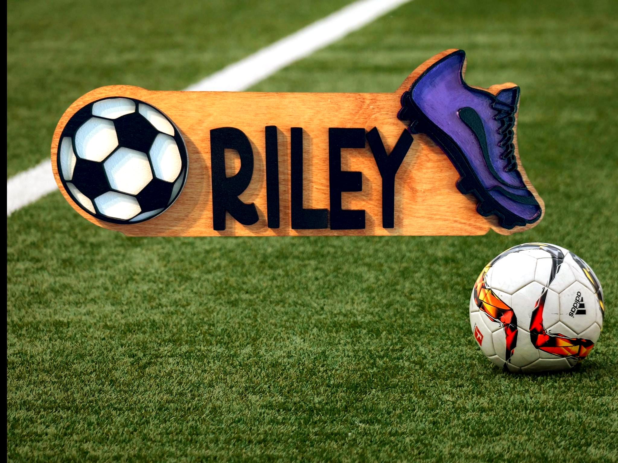 Personalized Soccer Name Sign – Custom Cleat & Ball Cutouts – Layered Wood Sport - Thumbnail 3