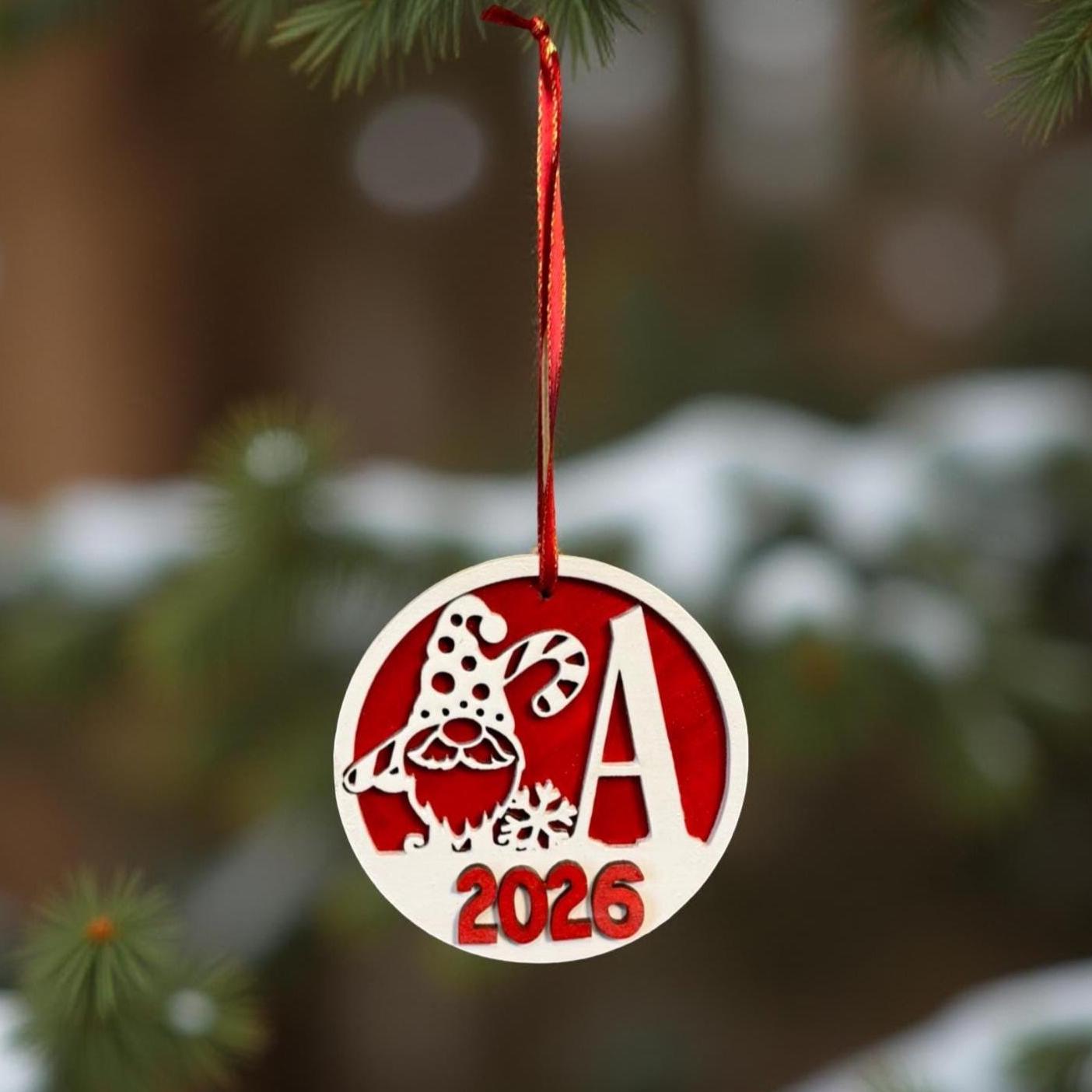 Personalized Christmas Gnome Ornament: Custom Letter, Name, Year, Layered Wood - Thumbnail 5