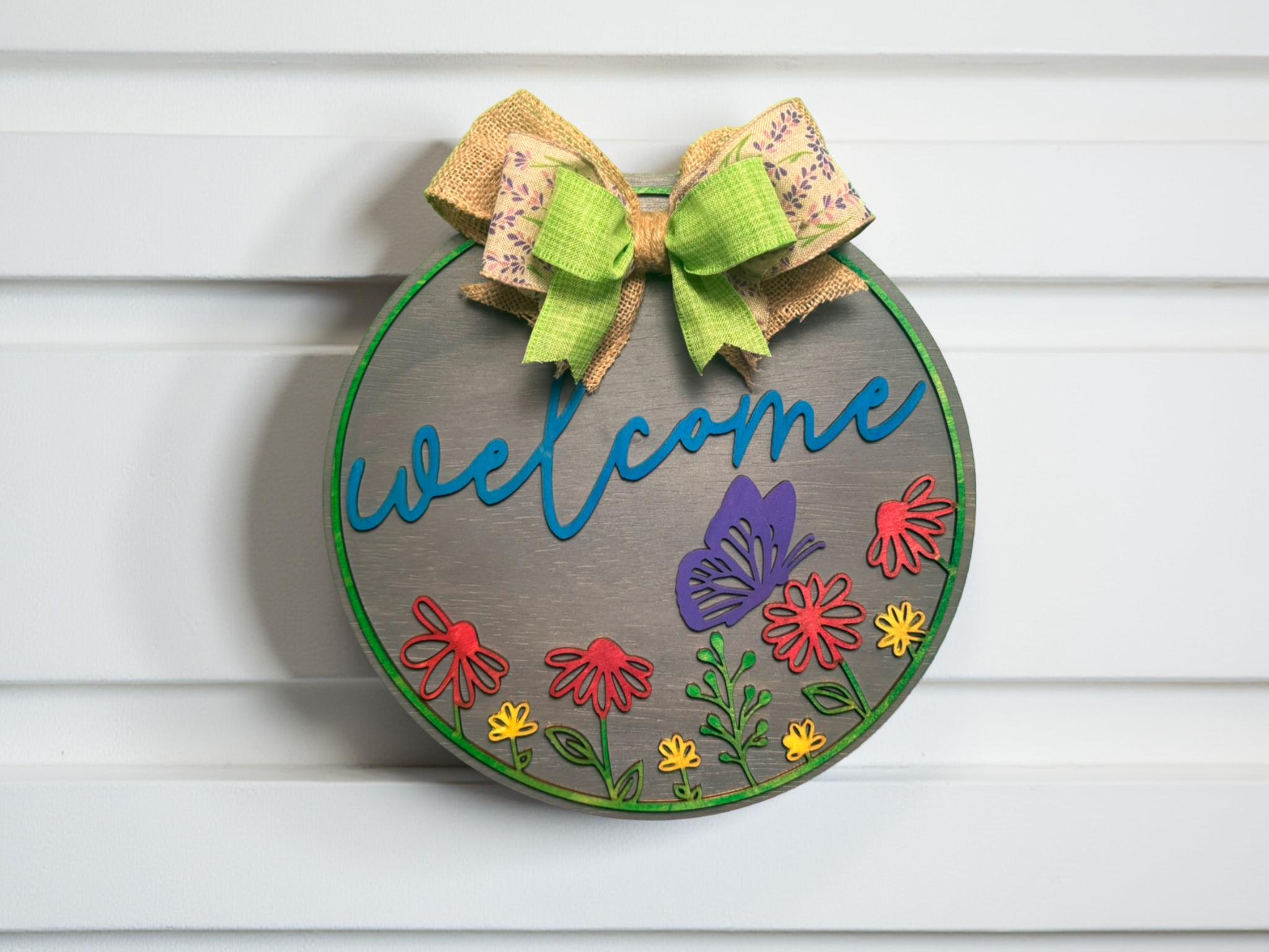 Handmade Floral Butterfly Welcome Sign: Farmhouse Porch Decor - Thumbnail 2