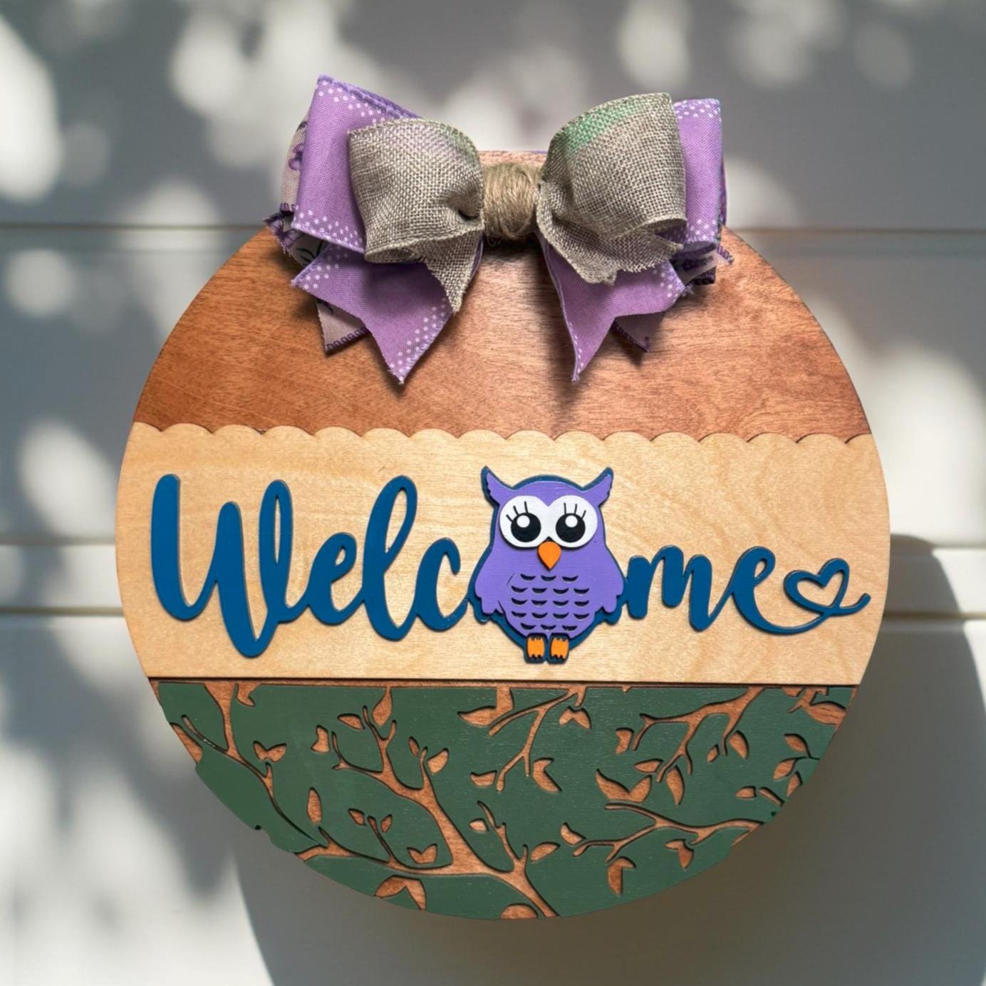 Owl Welcome Door Sign – 14" Handmade Layered Wood Round with Bow – Spring, Summer, or Mother’s Day Front Door Decor – Owl Lover Gift Idea - Thumbnail 6