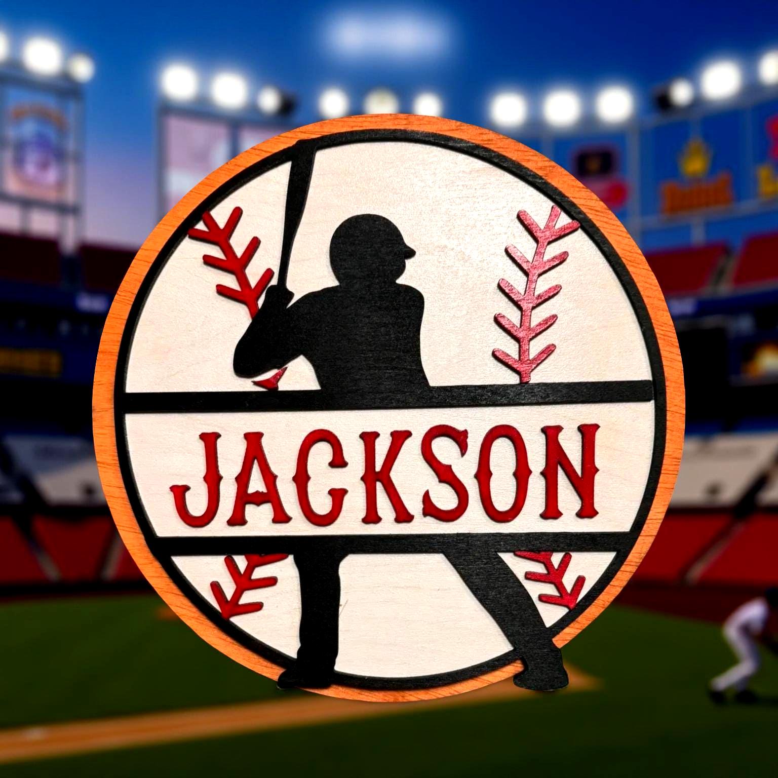 Personalized Baseball Name Sign – Custom Layered Wood Decor – Player Silhouette - Thumbnail 3