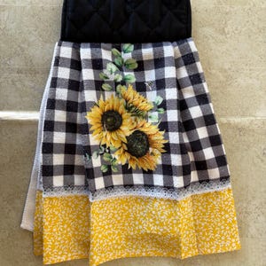 Serviette de cuisine suspendue vichy noir jaune tournesol, dessus de coussin chauffant double face en microfibre de coton, cadeau, camping-car, cuisine de cabine