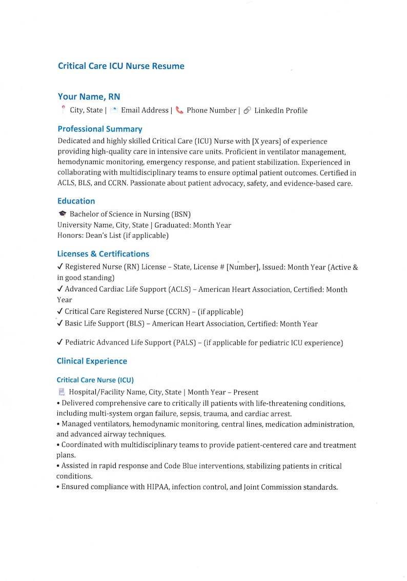 Critical Care ICU Nurse Resume | Ats-friendly, Editable, Word and PDF ...