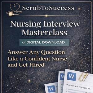 Op de afbeelding: Een advertentie voor een digitale masterclass over sollicitatiegesprekken voor verpleegkundigen, met de tekst "ScrubToSuccess" en "Nursing Interview Masterclass". De advertentie belooft verpleegkundigen te helpen sollicitatievragen vol vertrouwen te beantwoorden en aangenomen te worden.
