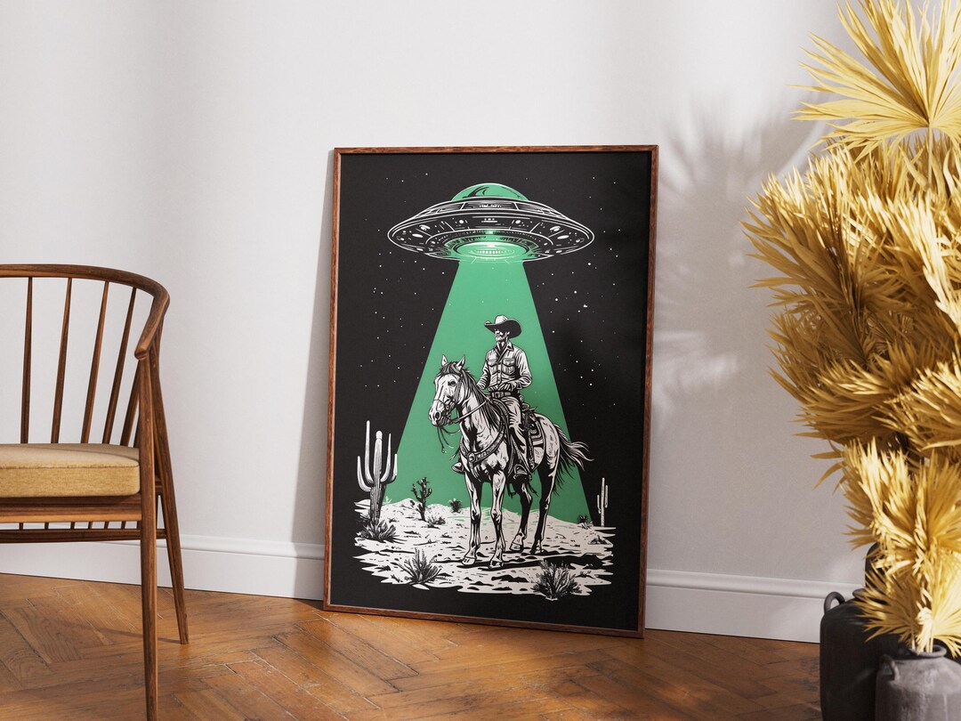 Cowboy Alien UFO Poster Horse Space Flying Saucer Wall Art Home Office ...