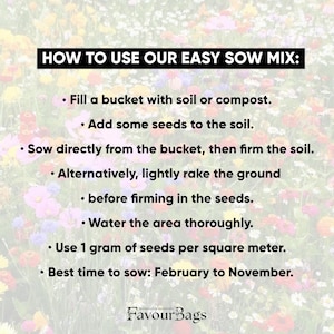 Pode incluir: Uma imagem colorida com instru&ccedil;&otilde;es sobre como usar uma mistura de semeadura f&aacute;cil para plantar flores. O texto inclui instru&ccedil;&otilde;es sobre como encher um balde com terra, adicionar sementes e regar a &aacute;rea completamente. Tamb&eacute;m indica que &eacute; necess&aacute;rio 1 grama de sementes por metro quadrado e que a melhor &eacute;poca para semear &eacute; de fevereiro a novembro.