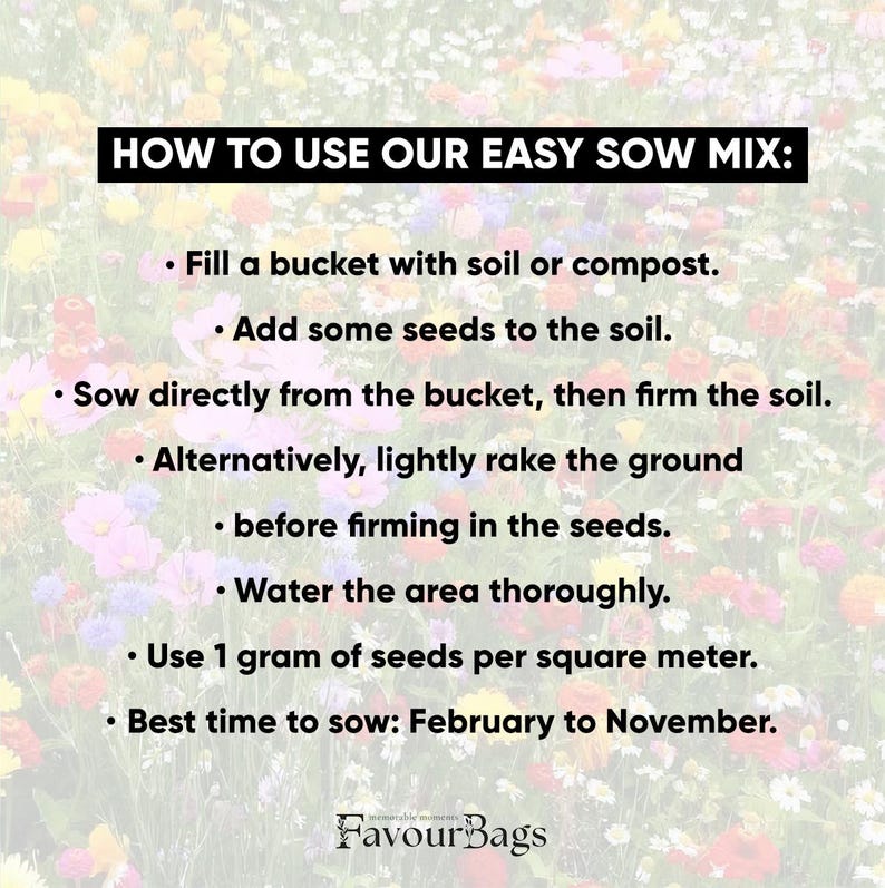 Pode incluir: Uma imagem colorida com instru&ccedil;&otilde;es sobre como usar uma mistura de semeadura f&aacute;cil para plantar flores. O texto inclui instru&ccedil;&otilde;es sobre como encher um balde com terra, adicionar sementes e regar a &aacute;rea completamente. Tamb&eacute;m indica que &eacute; necess&aacute;rio 1 grama de sementes por metro quadrado e que a melhor &eacute;poca para semear &eacute; de fevereiro a novembro.