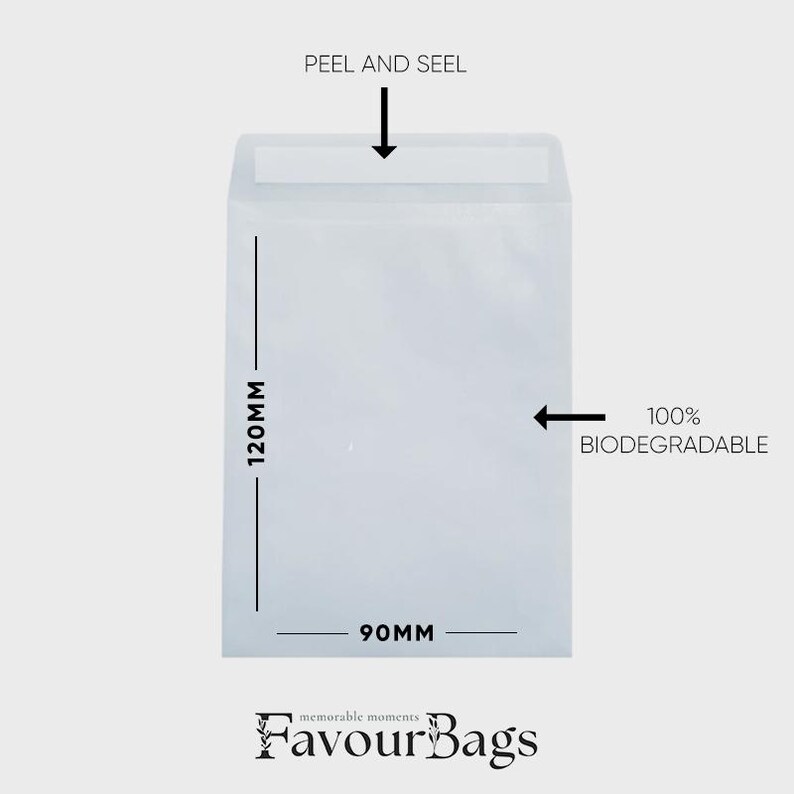 Pode incluir: Um envelope branco, biodegrad&aacute;vel, de 120 mm x 90 mm, com fecho autoadesivo. O envelope &eacute; feito de um material transparente, semelhante ao pl&aacute;stico.