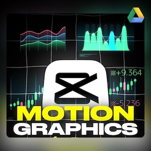 Könnte beinhalten: Digitalgrafik mit schwarzem Hintergrund mit Datencharts in Grün-, Blau- und Rosatönen. Ein weißes und schwarzes Logo ist zentriert, darunter die Worte "MOTION GRAPHICS" in Gelb und Weiß. Ein Google Drive-Logo befindet sich oben rechts.