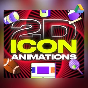 May include: A graphic with the words "2D ICON ANIMATIONS" in yellow and white. The background is red with black lines radiating outwards. Icons of a camera lens, a coffee cup, a football, a tablet, and a tennis racket are included.