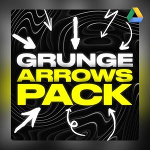 Op de afbeelding: Een zwart-wit grafisch ontwerp in grunge-stijl. Het ontwerp bevat een reeks witte pijlen op een zwarte achtergrond met een golvend patroon. De tekst "GRUNGE ARROWS PACK" staat in gele letters.