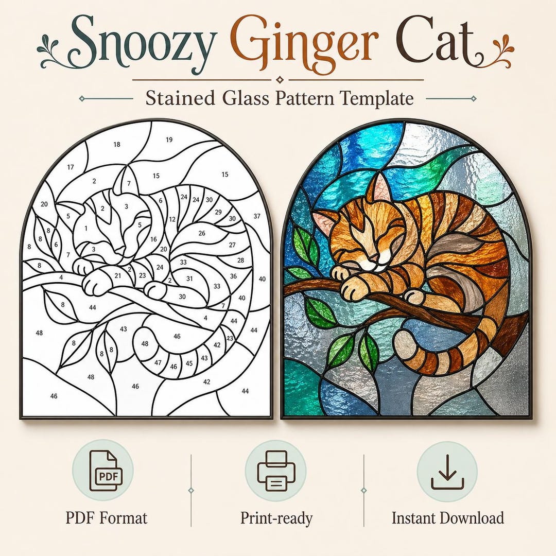 Snoozy Ginger Cat Stained Glass Pattern | Sleeping Cat Suncatcher ...