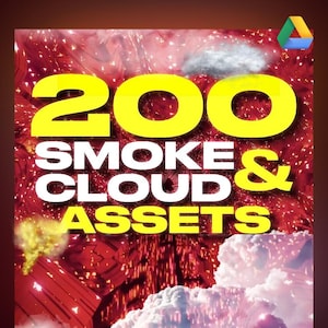 May include: A digital illustration of 200 smoke and cloud assets. The image features a red background with a yellow and white text overlay. The text reads "200 Smoke & Cloud Assets".
