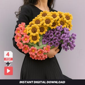4 Häkelblumenstrauß-Decke Muster PDF - Anfängerfreundlich mit Schritt für Schritt Video-Anleitungen - Englische Anweisungen
