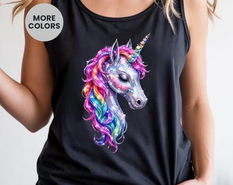 Pride Month Rainbow Unicorn Tank Top, Cute LGBTQ Festival Rave Graphic Vest, Trendy Aesthetic Queer Magical Sparkly Summer Sleeveless Gift