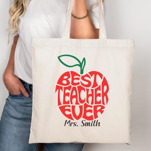 Aangepaste draagtas leraar met naam, beste cadeau leraar ooit, gepersonaliseerde canvas tas leraar waardering, draagtas leraar werk