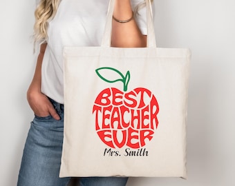 Custom Teacher Tote Bag with Name, Best Teacher Ever Gift, Personalized Teacher Appreciation Canvas Bag, Teacher Work Tote