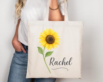 Personalisierte Einkaufstasche Sonnenblume mit Namen, Benutzerdefinierte Blumen Canvas Tasche, Geschenk für Frauen, wiederverwendbare Einkaufstasche, Umweltfreundliche Markttasche