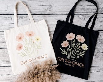 Borsa tote con versetti della Bibbia Grow in Grace – Borsa in tela floreale cristiana – Borsa tote con le Scritture, regalo di fede per le donne, borsa da chiesa, regalo religioso