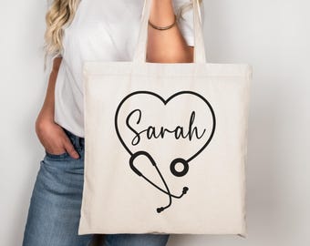 Custom Nurse Tote Bag with Name, Personalized Stethoscope Heart Canvas Bag, Nurse Gift, Medical Student Tote, Healthcare Worker Bag