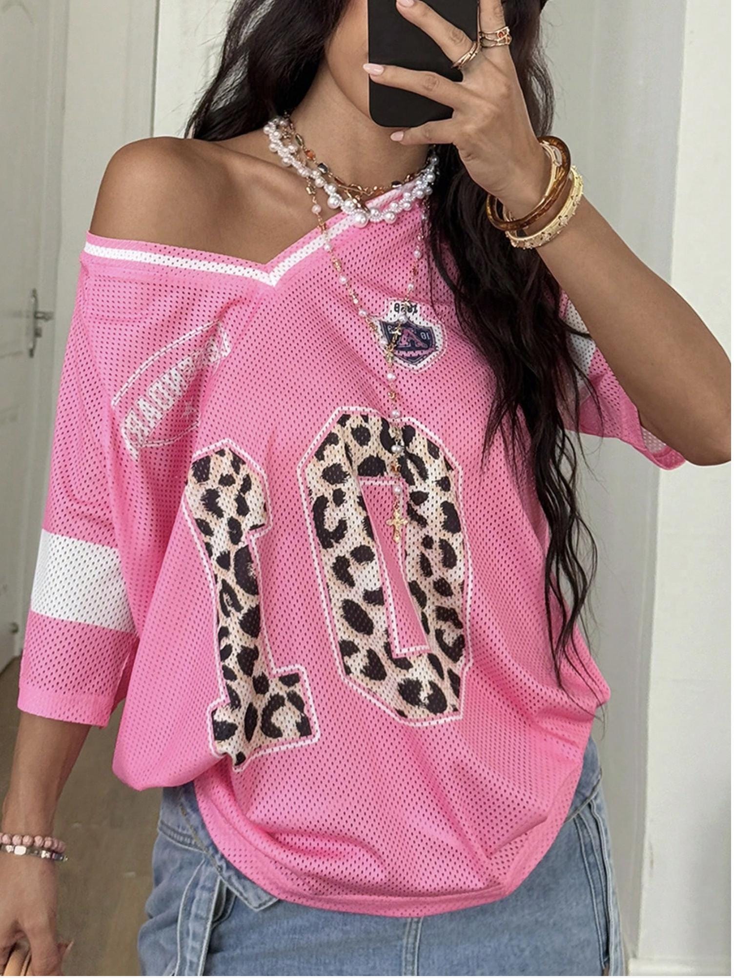 Women's Summer Streetwear Leopard Print Number Graphic Football Jersey
