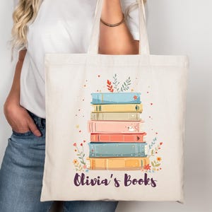 Personalized Book Tote Bag with Name, Custom Library Bag for Readers, Book Lover Gift, Cute Literary Canvas Tote