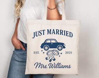 Borsa tote "Just Married", borsa regalo per matrimonio, borsa tote personalizzata per sposa, borsa tote personalizzata con nome, borsa regalo per sposi novelli, borsa tote per addio al nubilato, borsa per luna di miele